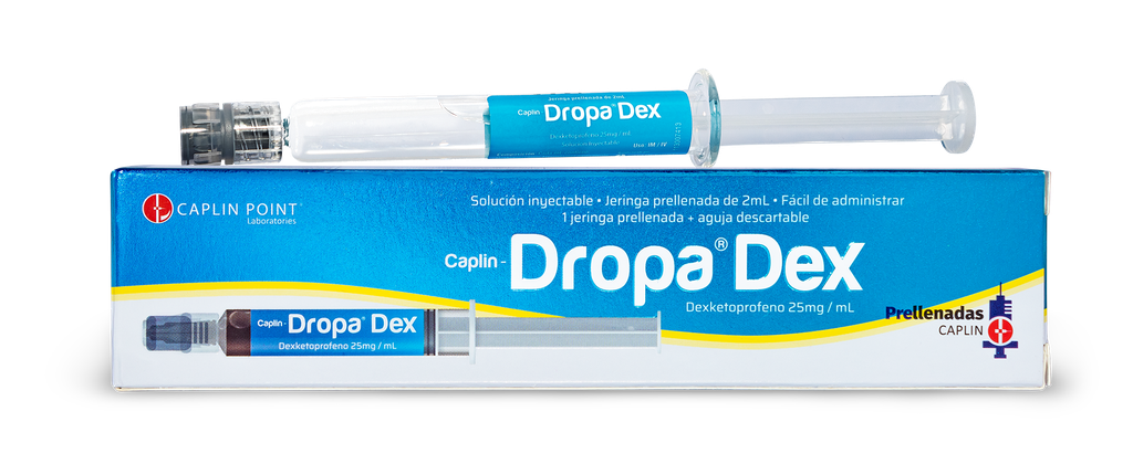 Dropa Dex ATADO 2+1  (Dexketoprofeno 25mg/ml Inj - Jeringa prellenada de 2ml) CaplinPoint Laboratories Ltd.